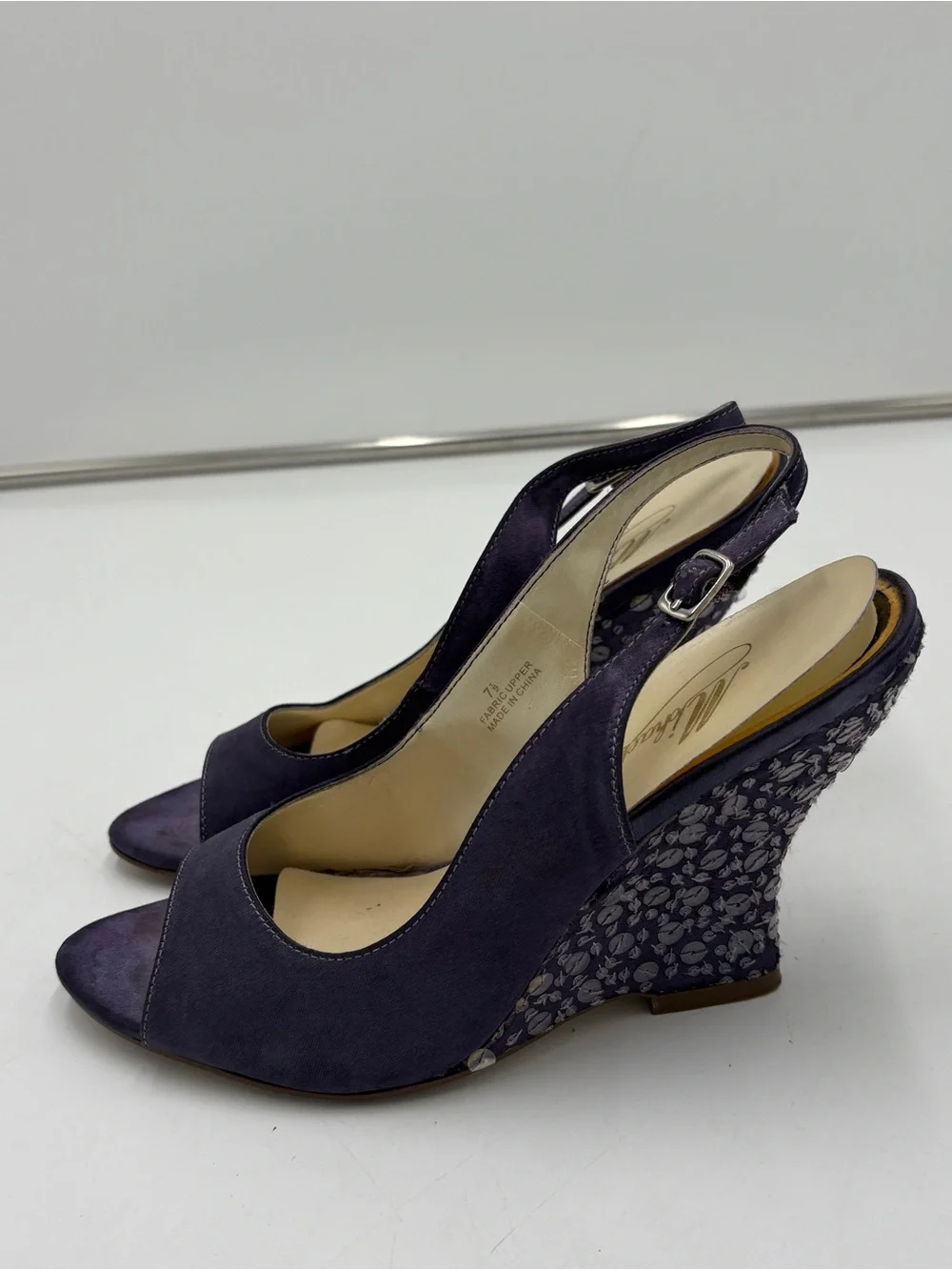 Vintage Fairycore Purple Sequin Wedge Slingback Peep Toe Michaelangelo Size 7.5